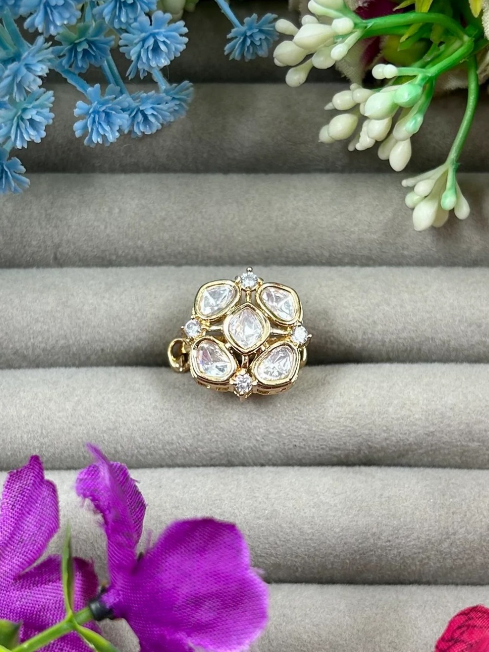 Gold Floral Cluster Ring — White Stones adjustable